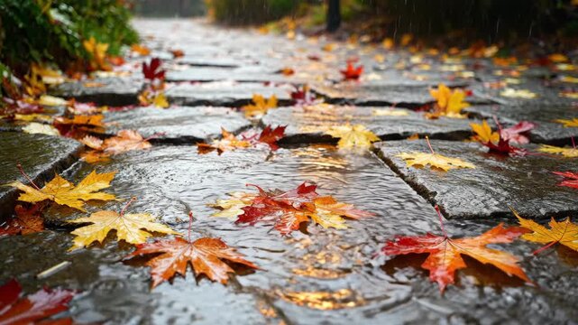 Wet stone path covered in autumn leaves during rain.