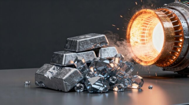 A furnace emits intense heat to melt silver bars and crystals, illustrating a metallurgical process involving high-temperature smelting.