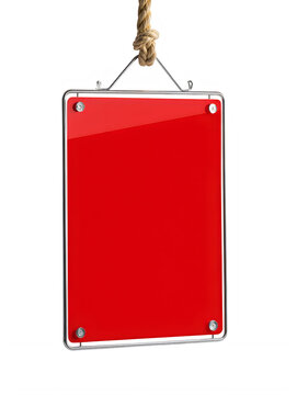 Blank red acrylic sign hanging from a rope isolated on white background