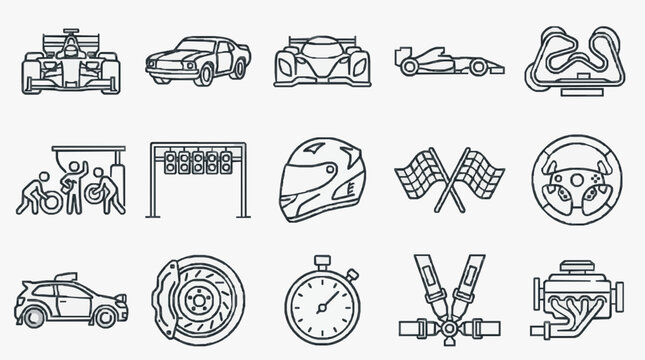 Modern Black and White Line Icons Set Featuring Racing Cars Motorsport Equipment and Pit Crew Activities
