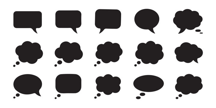 Collection of blank black speech bubbles and thought clouds isolated on a transparent background sets.