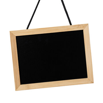 Blank blackboard with wooden frame hanging cut out. Template mockup