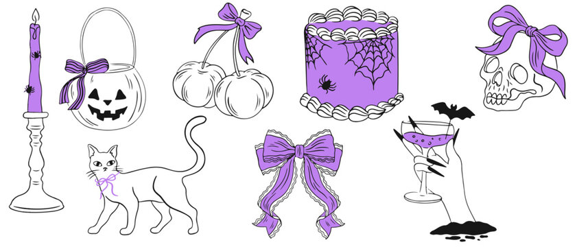 Hand drawn coquette Halloween set. Whimsical celebration sketch collection with bows, pumpkin, cat, cake, potion, skull, cocktail for invitation, poster, holidays. Vector Doodle outline illustration