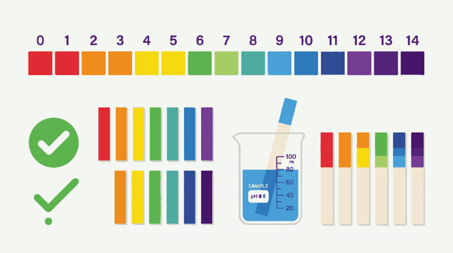 Vector illustration of pH scale indicator chart with litmus test strips and laboratory beaker.