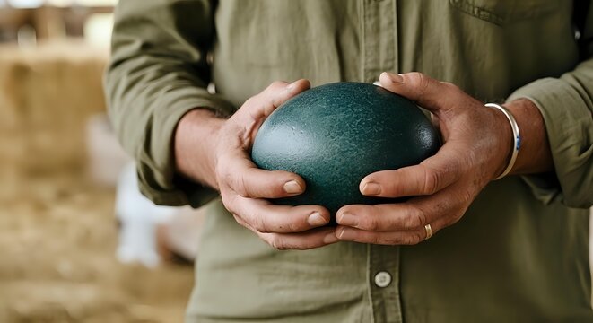 Farmer holding large dark green emu egg in hands, wearing khaki shirt. Agricultural produce and livestock farming concept for poultry business and rural industry.
