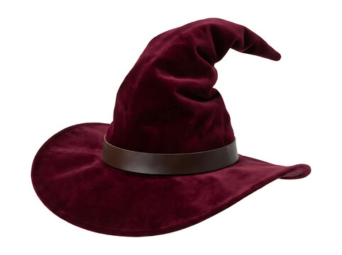 Dark red velvet witch hat with ribbon detail isolated on transparent background