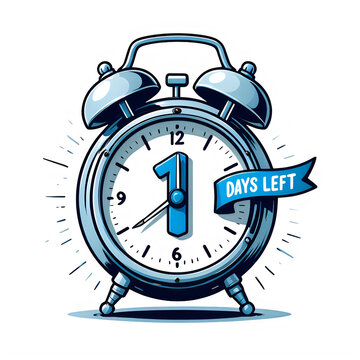 Blue Alarm Clock Illustration with One Day Left Countdown Banner