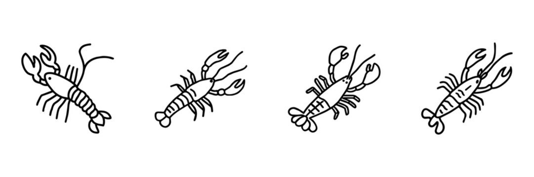 Lobster Hand Drawn Doodle Icon Set. Seafood, Crustacean, Cooking And Marine Animal Sketch Symbol Collection. Food And Restaurant Use. Isolated Vector Illustration