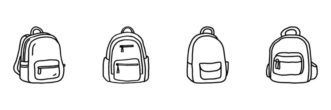 Backpack And School Bag Hand Drawn Doodle Icon Set. Travel, Student, Carrying, Storage And Everyday Use Sketch Symbol Collection. Lifestyle And Education Accessories. Isolated Vector Illustration