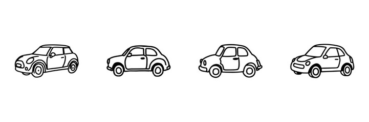 Fototapeta premium Car Hand Drawn Doodle Icon Set. Compact Vehicle Variations, Transport, Driving And Automotive Sketch Symbol Collection. Road Traffic And Mobility. Isolated Vector Illustration