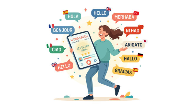 Woman Learning Languages Online via App, Global Communication Concept, Diverse Greetings Floating Around