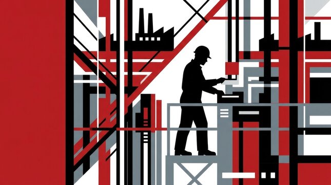 Constructivist Grid With Worker Silhouette. Illustration showing a stylized worker silhouette over a bold red and black constructivist grid, with modu