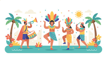Fototapeta premium Colorful carnival dancers wearing festive feather headdresses perform with musical instruments on a tropical beach.