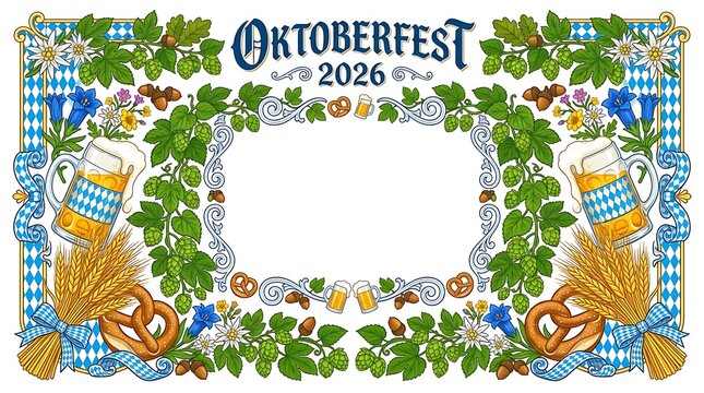 Oktoberfest 2026 Traditional Bavarian Festival Frame with Hops, Pretzels, Beer, and Flowers.