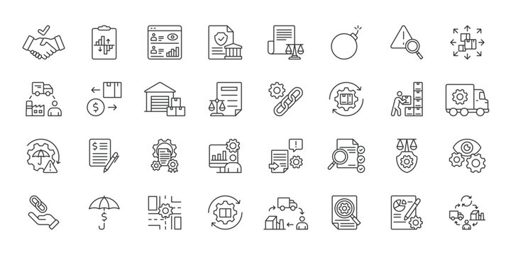 Supplier Risk Management, icons in line design. Supplier, risk, management, supply, chain, business, procurement on white background vector. Supplier Risk Management editable stroke icons.