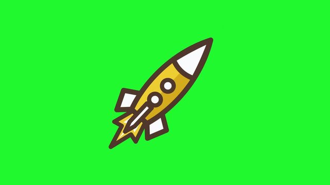 Cartoon Yellow Rocket Ship Launching Upward with Flames and Smoke Trail, Dynamic Animation on Green Screen Background