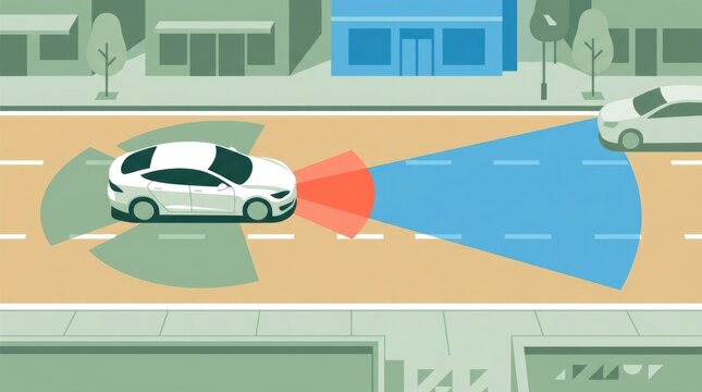 Reactive zones on roadway with car. An autonomous vehicle on a stylized road shows colored responsive zones indicating sensor reach and braking buffer