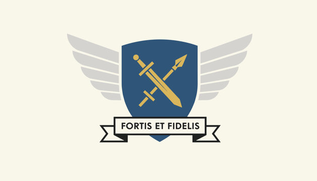 Classic heraldic shield logo with wings, crossed sword, spear, and the Latin motto Fortis et Fidelis for strength.