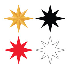 Fototapeta premium Set of four eight-pointed stars in gold, black, red, and outline styles for and festive holiday decoration