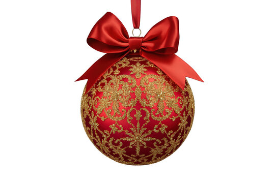 Christmas ornament red bauble with ornate gold glitter pattern and decorative red ribbon bow hanging, transparent background