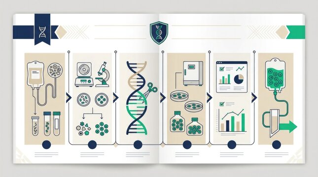 Genomic Therapy Informatics Board. A sleek infographic board with gene therapy workflow steps, stylized icons, and a calm color rhythm, framed like a