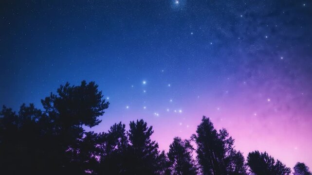 A silhouette of trees frames a vibrant night sky with stars, gradients of blue and purple