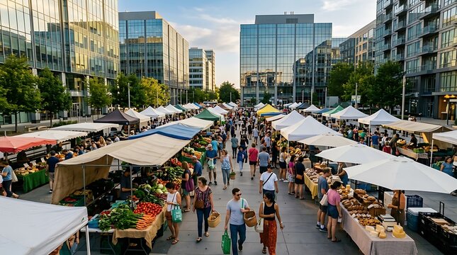 Vibrant Outdoor Farmers Market in a Modern Urban Plaza