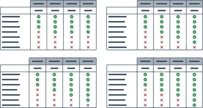 Subscription Pricing Plan Comparison Matrix Table Set with Features List Checkmarks and Cross Symbols for Saas Product Web Layout Designs