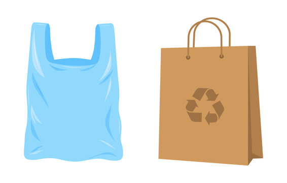 Plastic and paper bag set, Polythene shopping bag and reusable paper bag with recycle symbol for eco friendly environment, Vector illustration