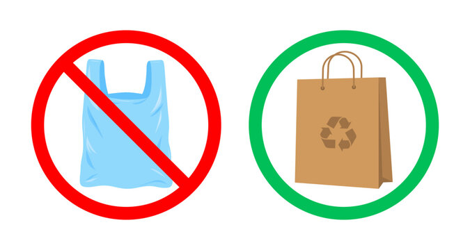 No plastic bag prohibition and paper bag allowed sign set, Reusable paper bag with recycle symbol for environmental protection, waste reduction, recycling, sustainability, Vector illustration