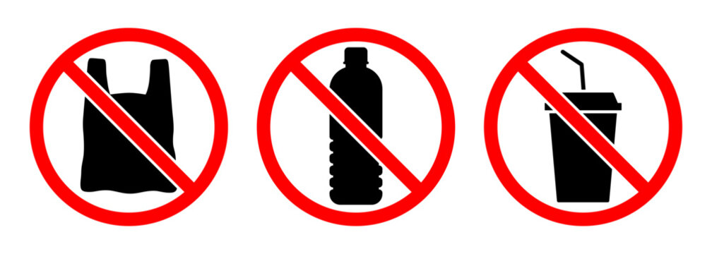 No plastic bag, bottle, disposable container prohibition sign set, Plastic ban restriction symbols for environment recycling, waste reduction, sustainability, and eco awareness, Vector illustration