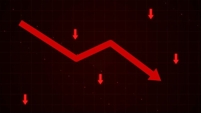 Red line graph showing sharp decline with downward arrows against a grid background, representing economic recession or financial loss