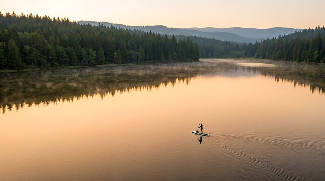 Lone Paddleboarder on Calm Misty Lake at Sunrise