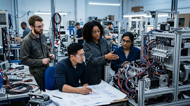 Diverse Engineering Team Collaborating on Complex Machine Design