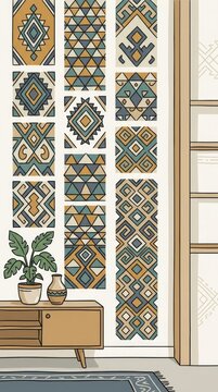Yakut Sila Geometric Wall Panels. A vertical wall installation in a modern living space featuring multiple rows of Yakut sila geometric motifs in rest