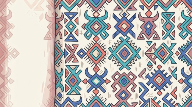 Yakut Sila Pattern Close Up Fabric. A colorful modern flat doodle scene focusing on a close-up of Yakut sila geometric textile motifs woven on fabric,