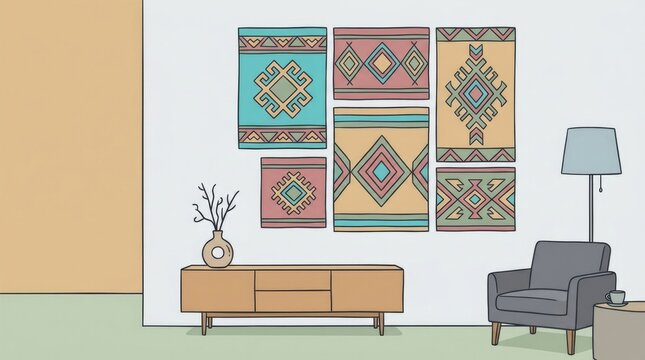 Yakut Sila Textile Panels In Room. A modern living room wall decorated with bold Yakut sila geometric textile panels, arranged in a dynamic grid