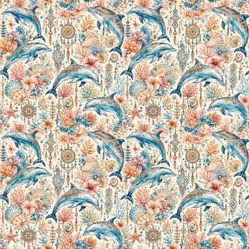 Watercolor Dolphin and Coral Seamless Pattern with Tropical Ocean Floral Design