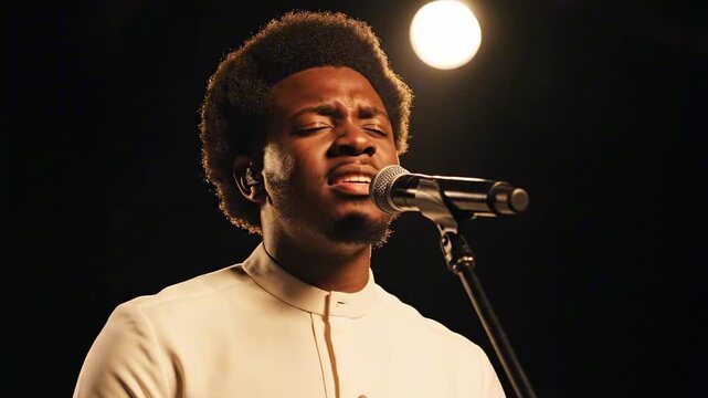 Afro-haired vocalist singing into a stage microphone beneath a golden spotlight, capturing american black singers male performance with cream wardrobe, intensity, and dramatic live concert mood