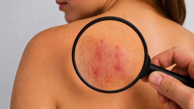 Woman's back with skin irritation examined under magnifying glass  