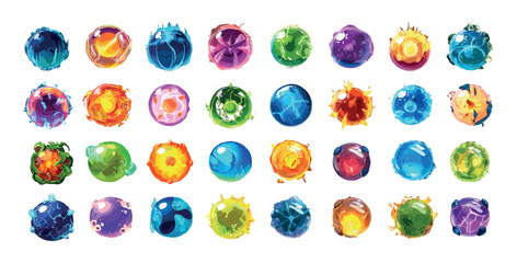 Obraz premium Sphere orb ball cartoon vector set. Magic spell round shiny liquid fire water crystal electricity ice earth energy power element ui game asset sign symbol icon object isolated on white
