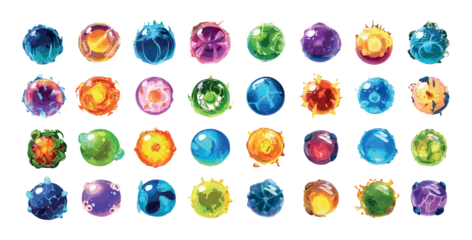 Sphere orb ball cartoon vector set. Magic spell round shiny liquid fire water crystal electricity ice earth energy power element ui game asset sign symbol icon object isolated on white © ONYXprj