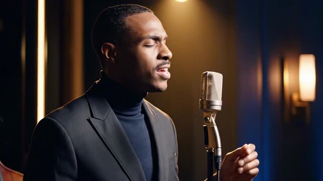 Elegant male vocalist in dark suit performing beside a vintage studio microphone under amber and blue lighting, presenting american black singers male artistry with refined soulful expression