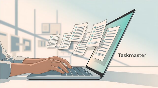 Person Typing on Laptop with Digital Document Files Processing Workflow
