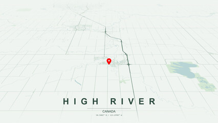 Modern minimalist vector map of High River, Alberta. High-quality scalable illustration of High River geographic boundaries, Highwood River shoreline and valley networks for posters design. © AliRza