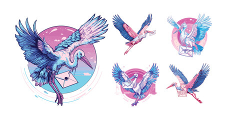 Fototapeta premium Stork bird cartoon vector set. Animal fly wing beak feather letter envelope mail post delivery postman message communication character neon synthwave retro style flight sky nature fauna baby newborn