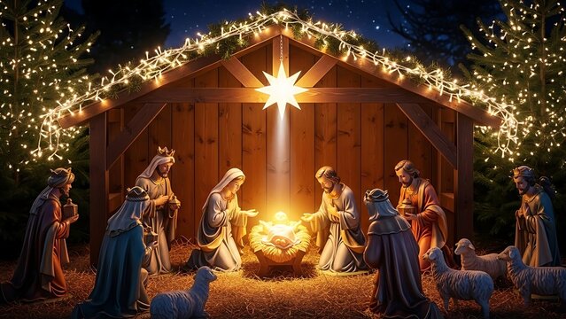 Wooden nativity scene stable glowing with warm holiday lights