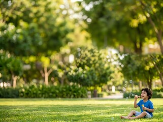 Fototapeta premium Young boy in blue shirt sitting on grass in sunny park, blowing bubbles outdoors during daytime recreational activity in green natural environment.