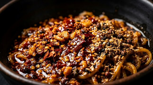 Stir fried noodles with minced meat and vegetables in a black pan. spicy noodle base