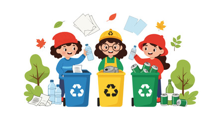 Fototapeta premium Three kids are actively participating in recycling by sorting paper, plastic bottles, and metal cans into color-coded bins in a park.